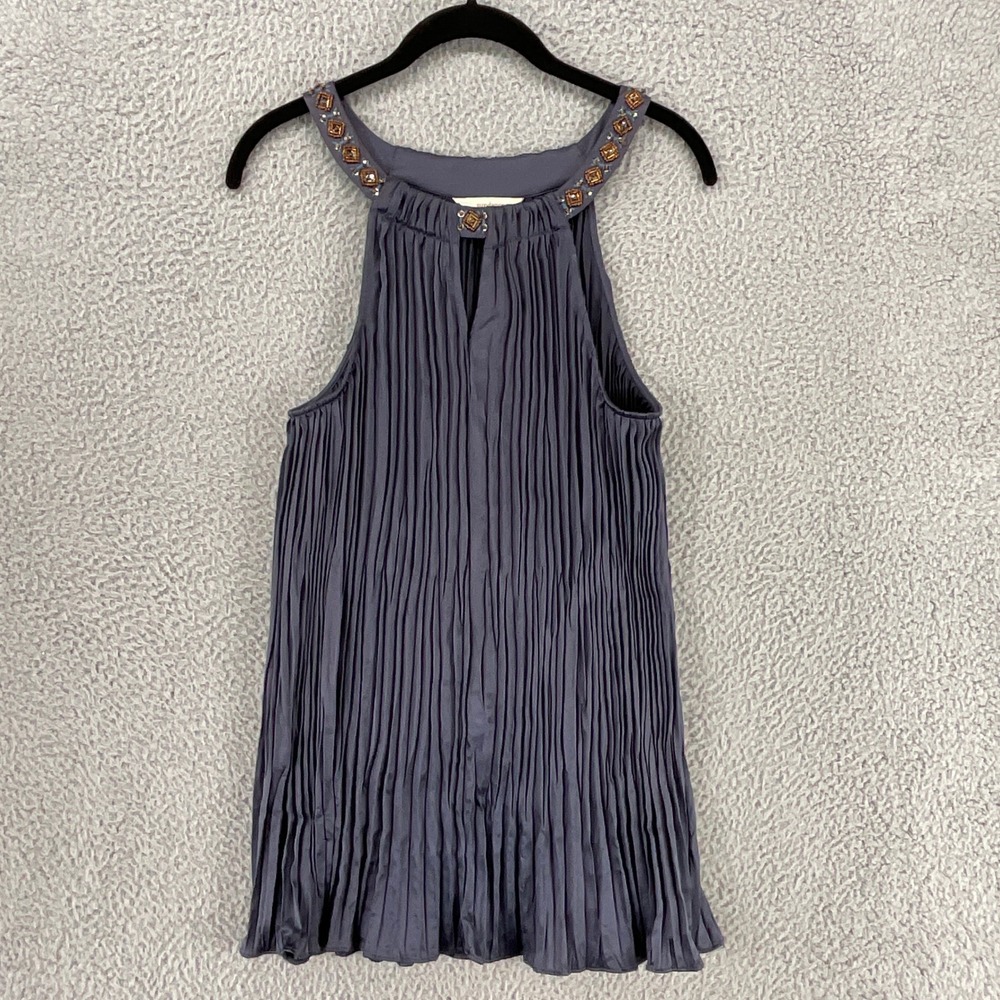 Sundance Pleated Halter Top Womens L Grey Good Beaded Neckline Boho Chic Party